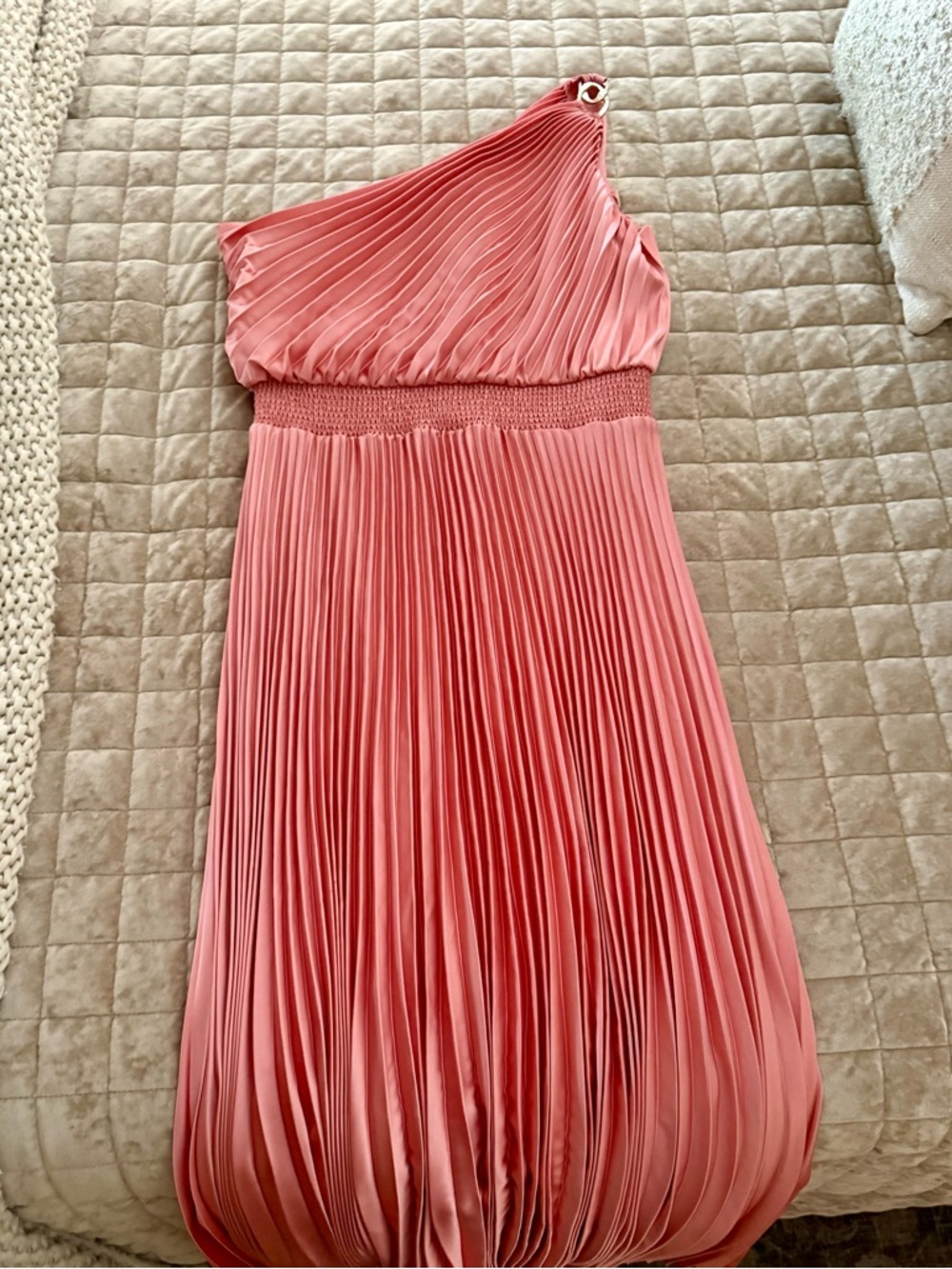White House Black Market One-Shoulder Pleated Midi Dress in Coral Pink